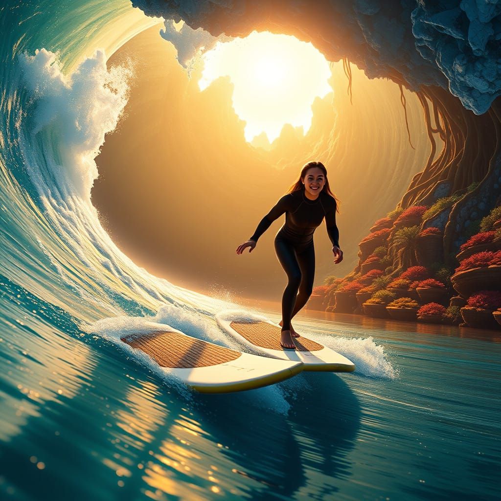 Couple Riding Surfboards Amidst Vibrant Ocean Landscape