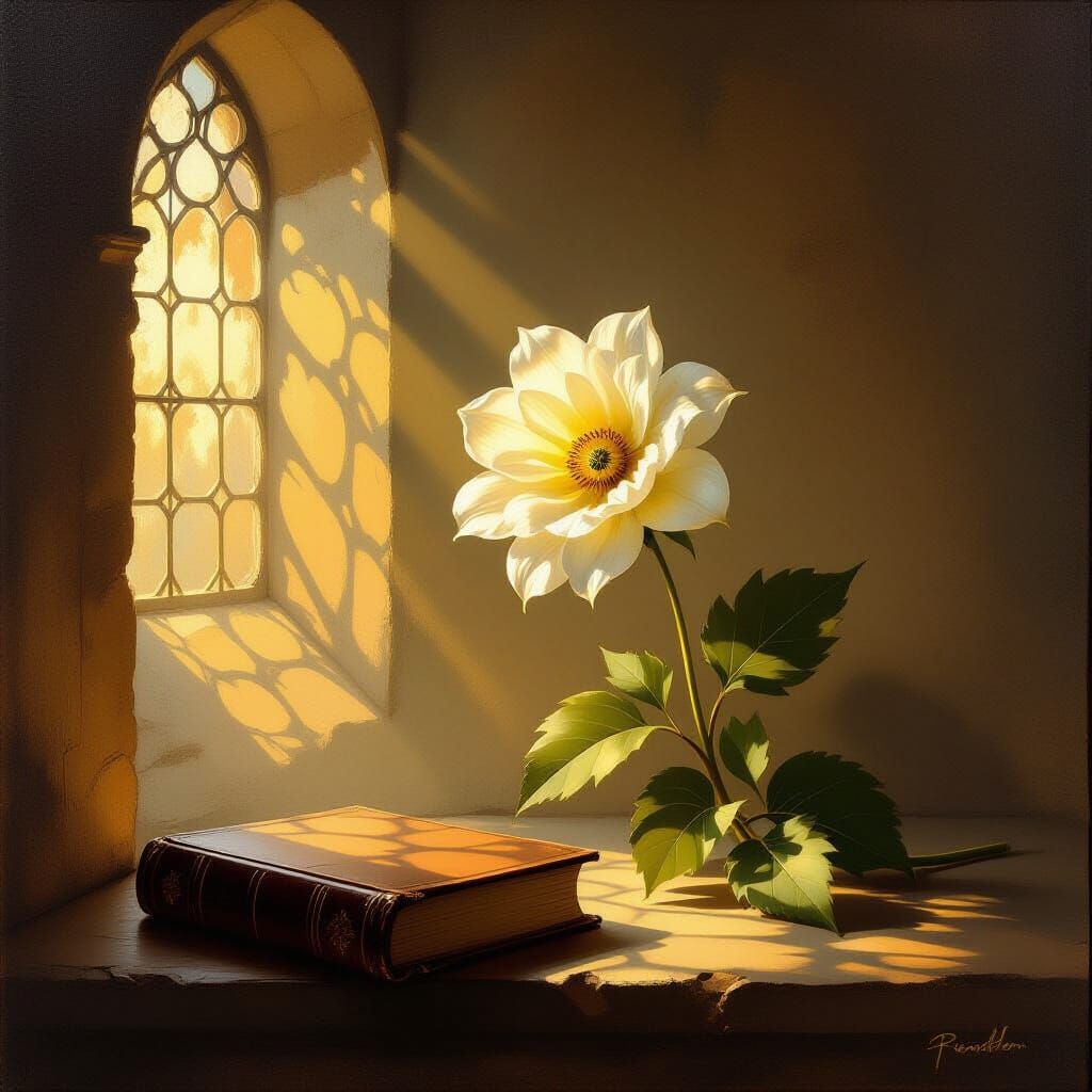 Lone Flower in Rembrandt's Chiaroscuro Style