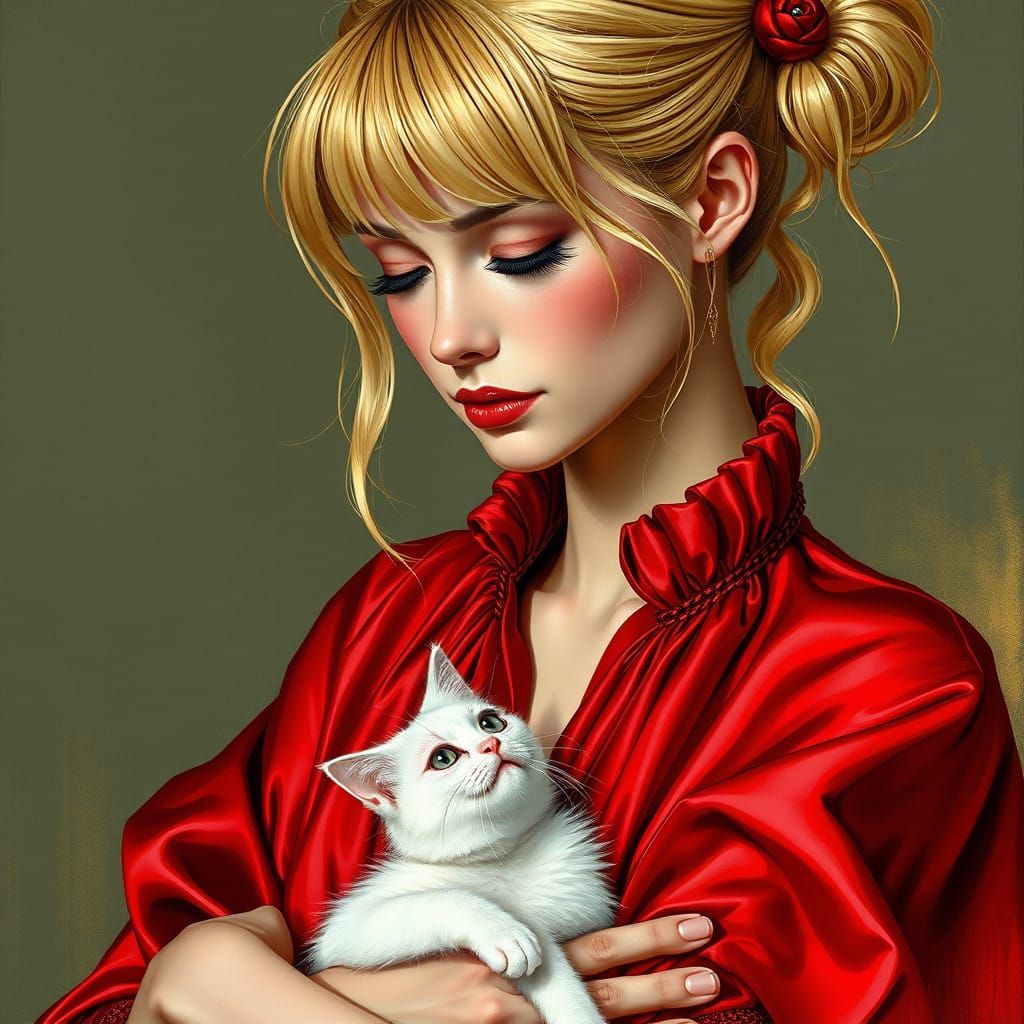 Blonde Woman with Red Ribbon and White Cat in Hyperréaliste ...