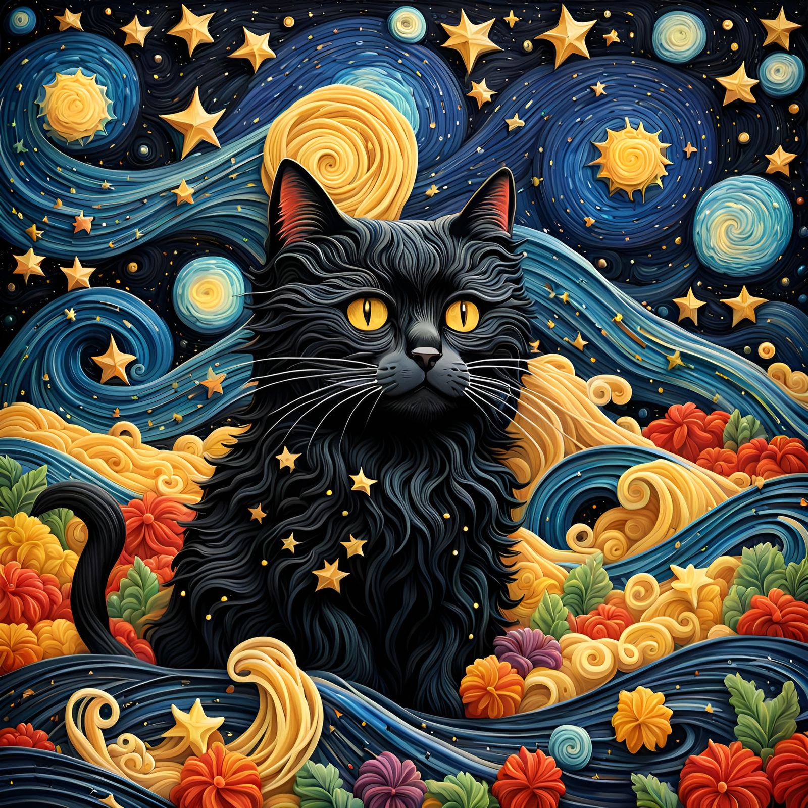 Mysterious Black Cat in Starry Night Abstract