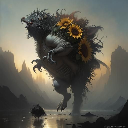 Sunflower Monster Chasing Sun: Acrylic Watercolor Art