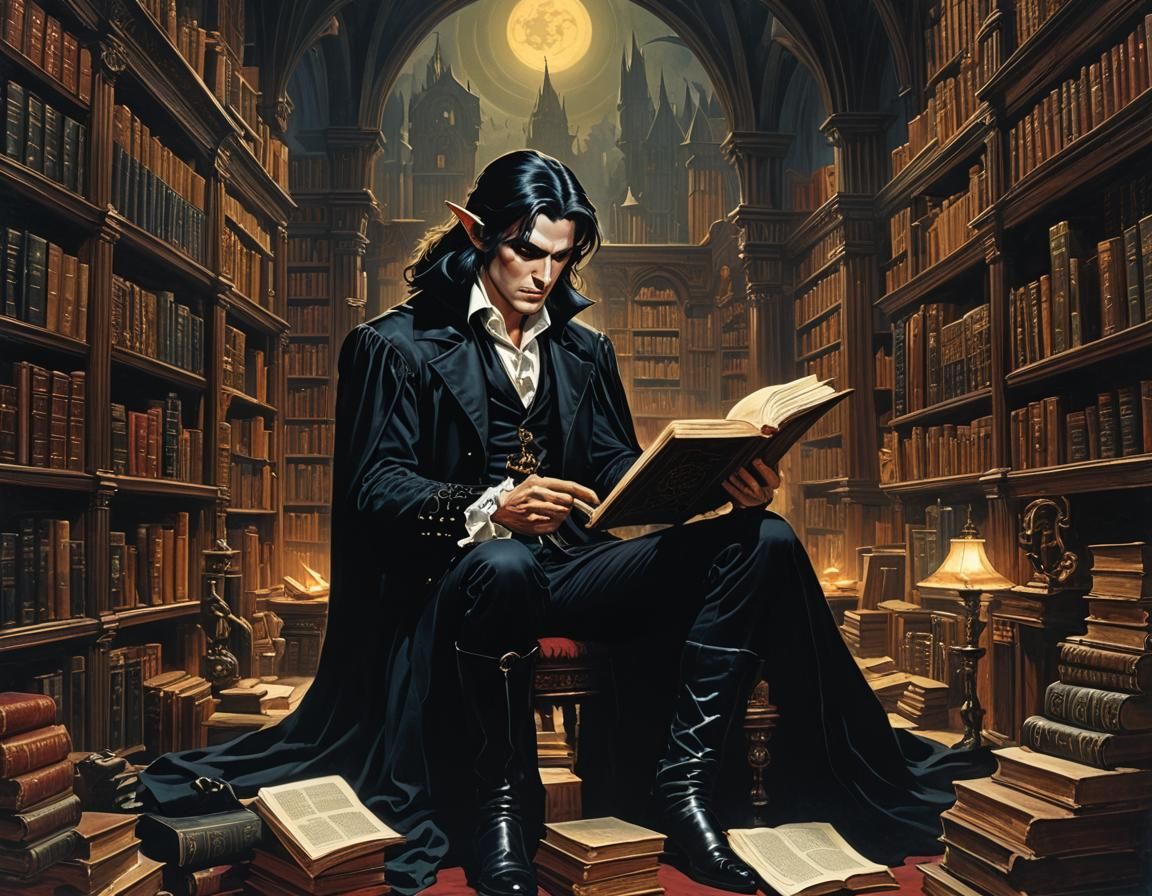 Victorian Vampire Elf Reads Grimoire, Matte Painting