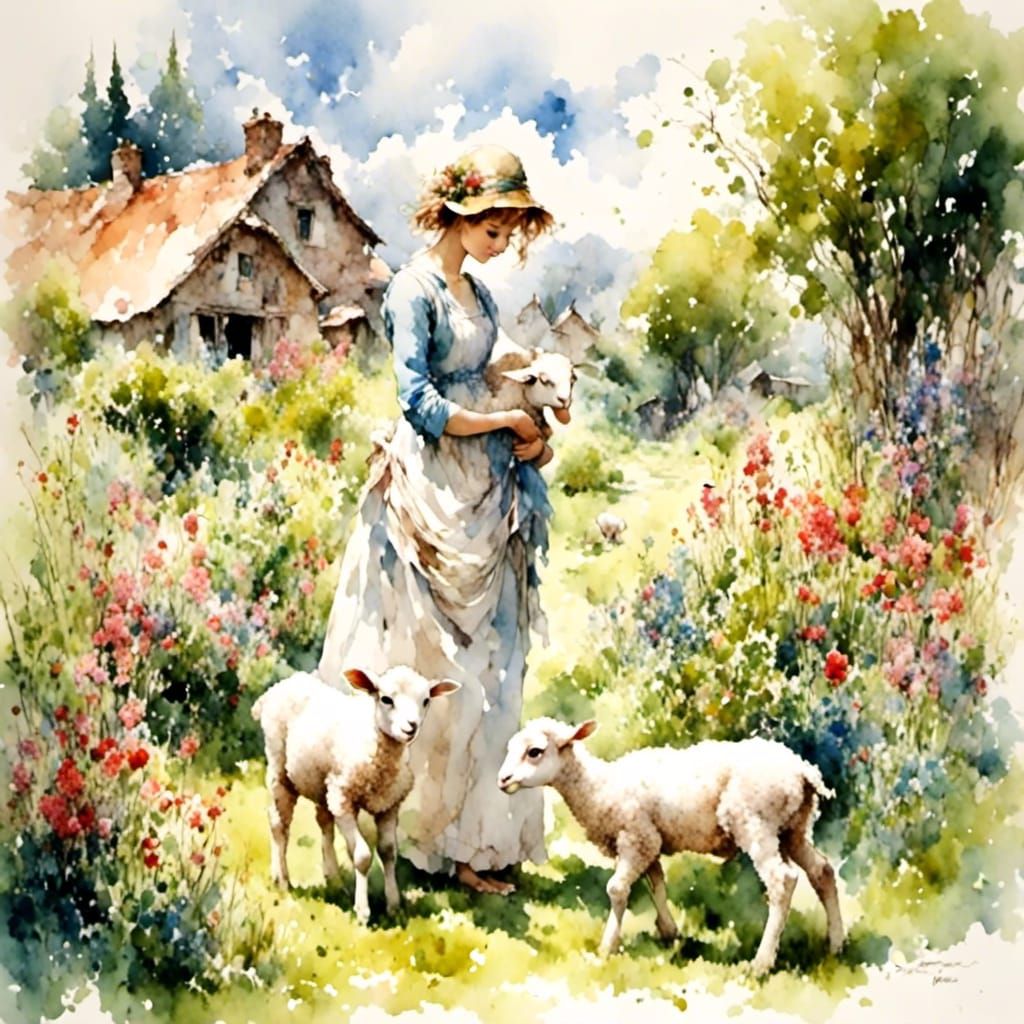 Mary and Lambs in Garden Watercolor Painting
