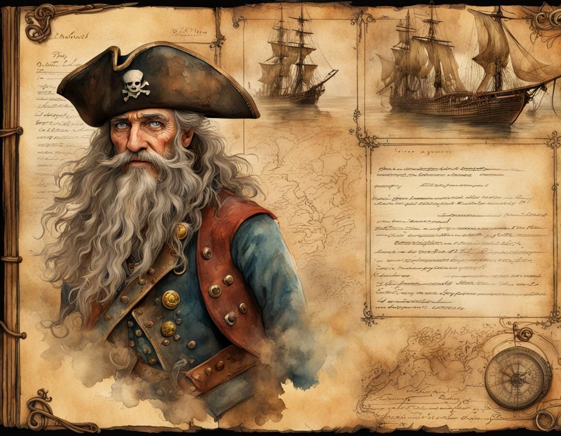 Old Pirate in Watercolor Style with Parchment Map