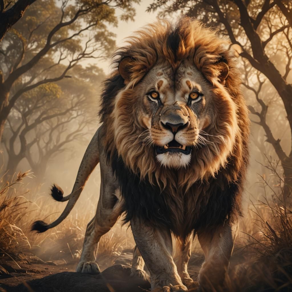 Majestic Lion Growling in Golden Light: Digital Matte Painti...