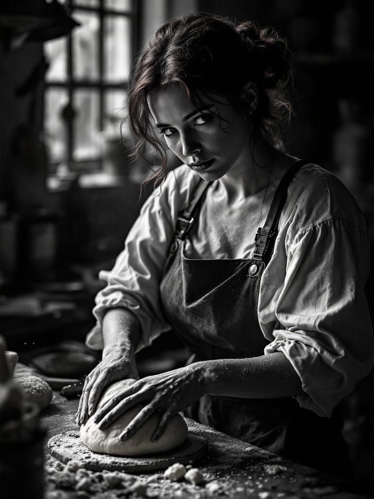 Redhead Baker Kneading Dough in Bustling Kitchen, Noir Light...
