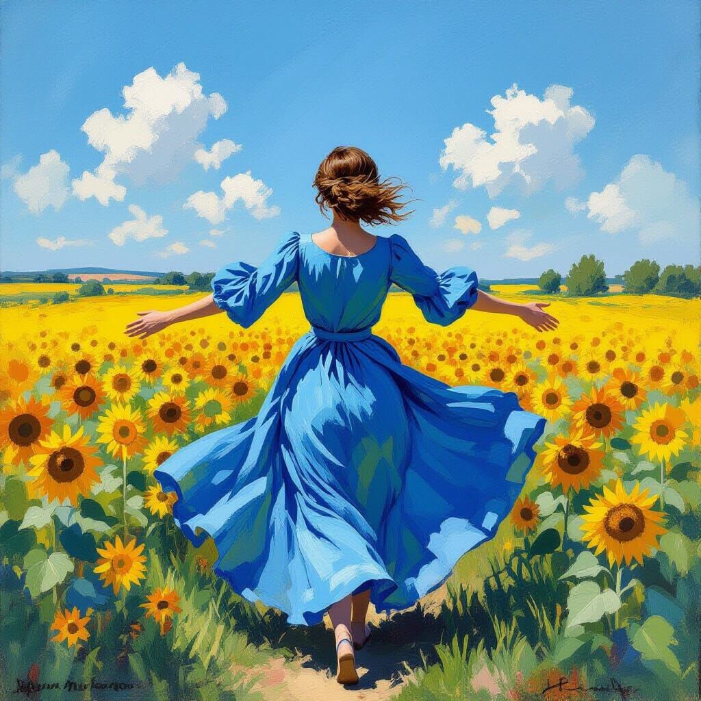 Woman Embracing Sunflowers in Impressionist Landscape