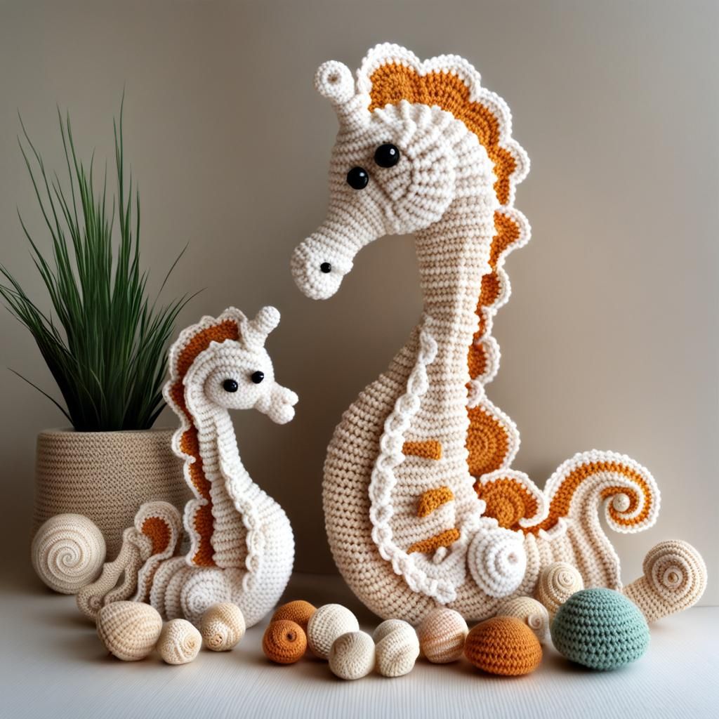 Crochet Seahorse Family on Sandy Seabed