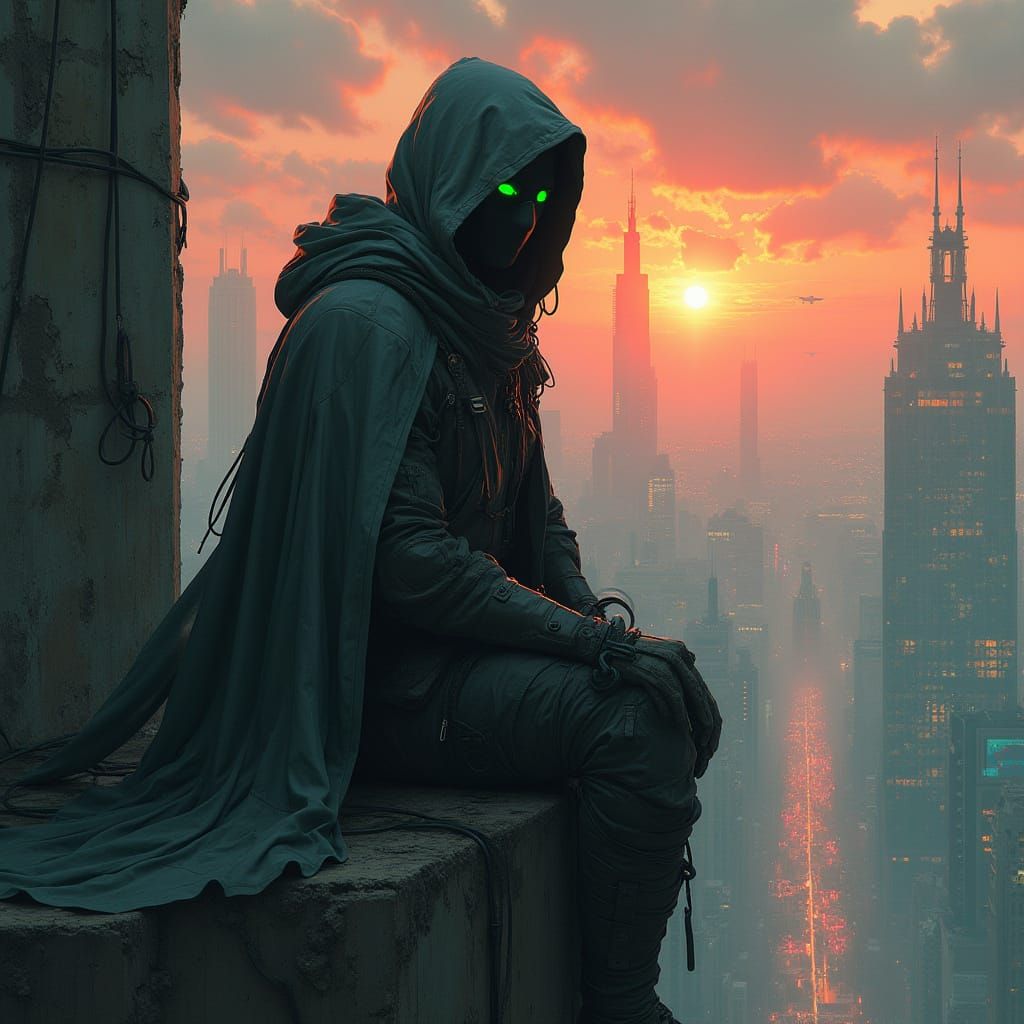 Cyberpunk Ninja Overlooking Futuristic Metropolis