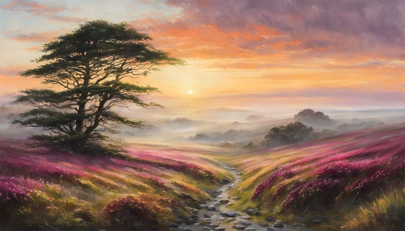 Misty Sunrise Over Irish Moor in Pastel