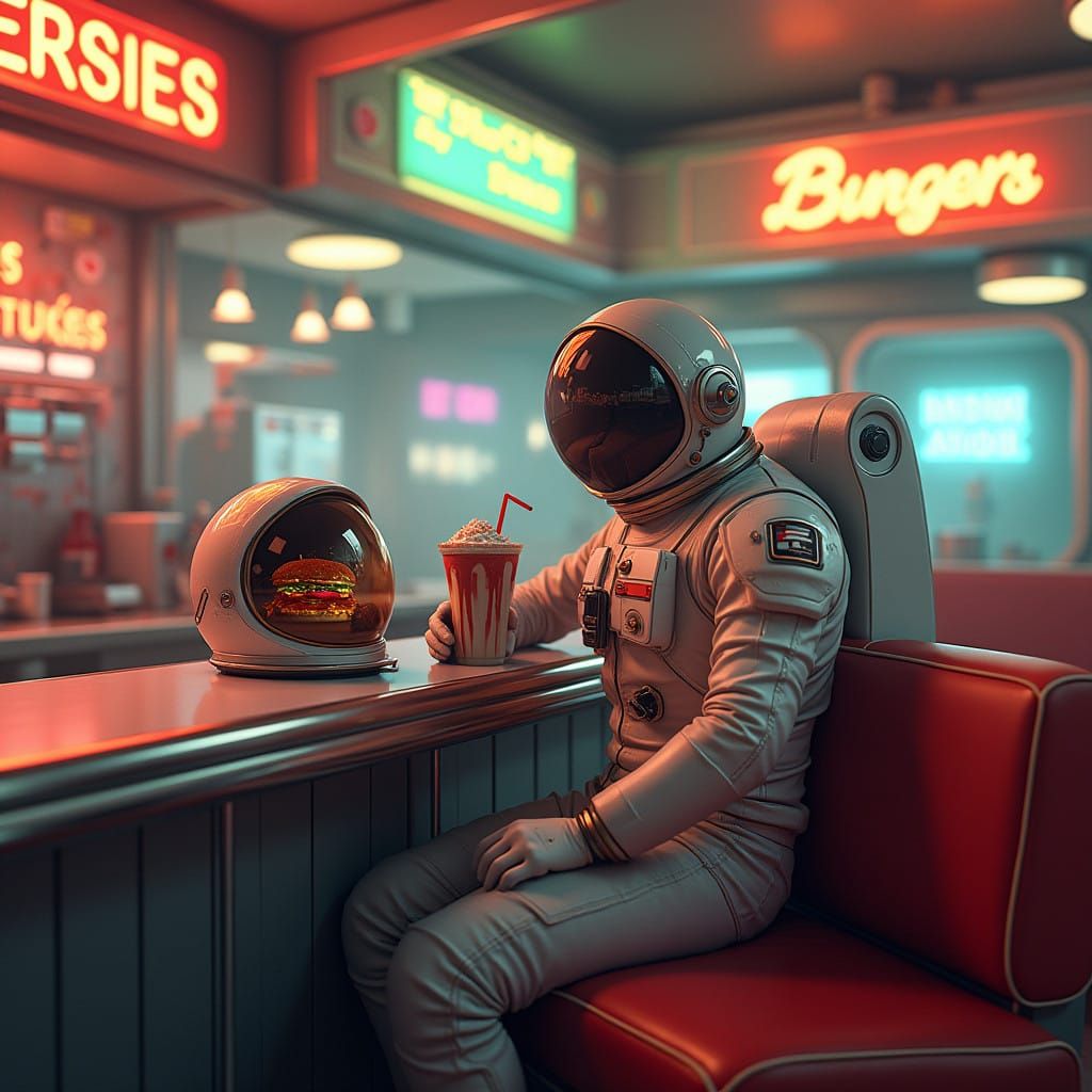 Retro-Futuristic Astronaut Sips Milkshake in 1950's Diner