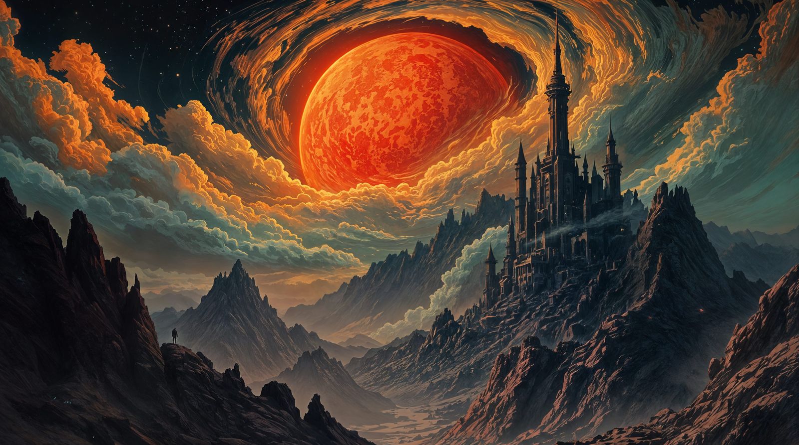 Fantasy Sunset Citadel Amidst Alien Mountains