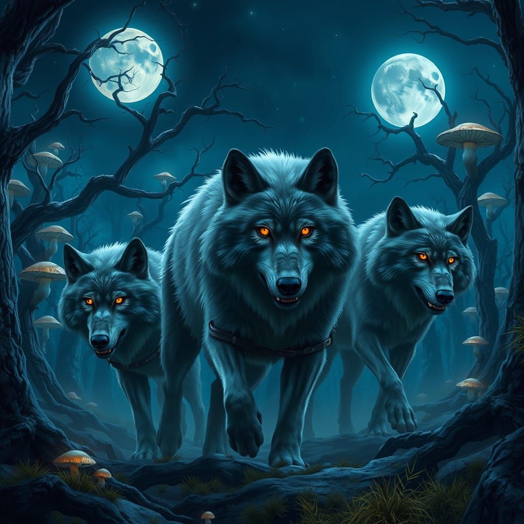 Majestic Wolves Roam a Moonlit Forest in a Detailed Fantasy ...