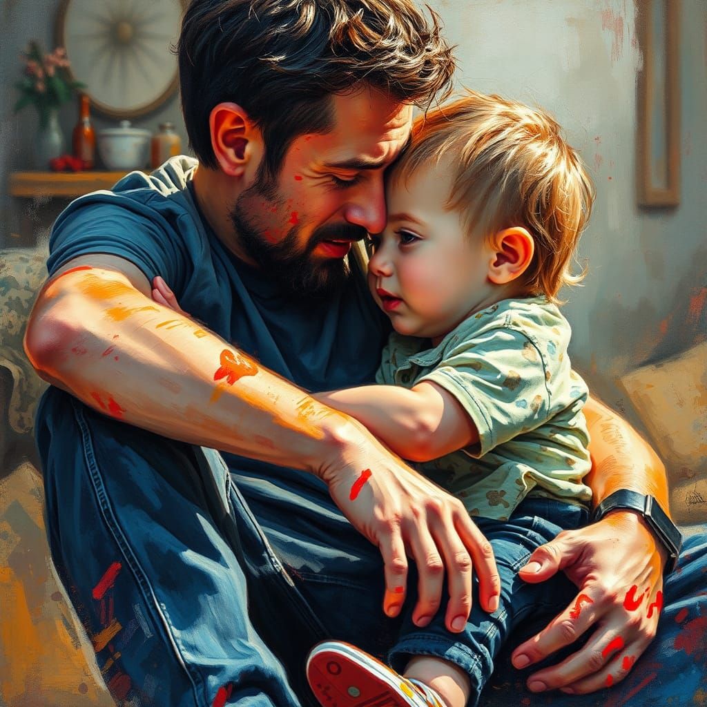 Father and Child Cuddle: Impressionist Oil Painting
