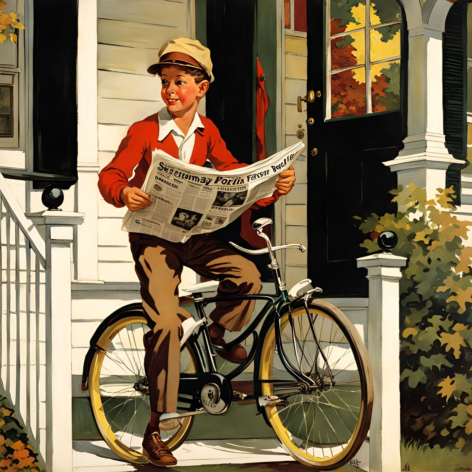 Paperboy on Bicycle in Rockwell Style