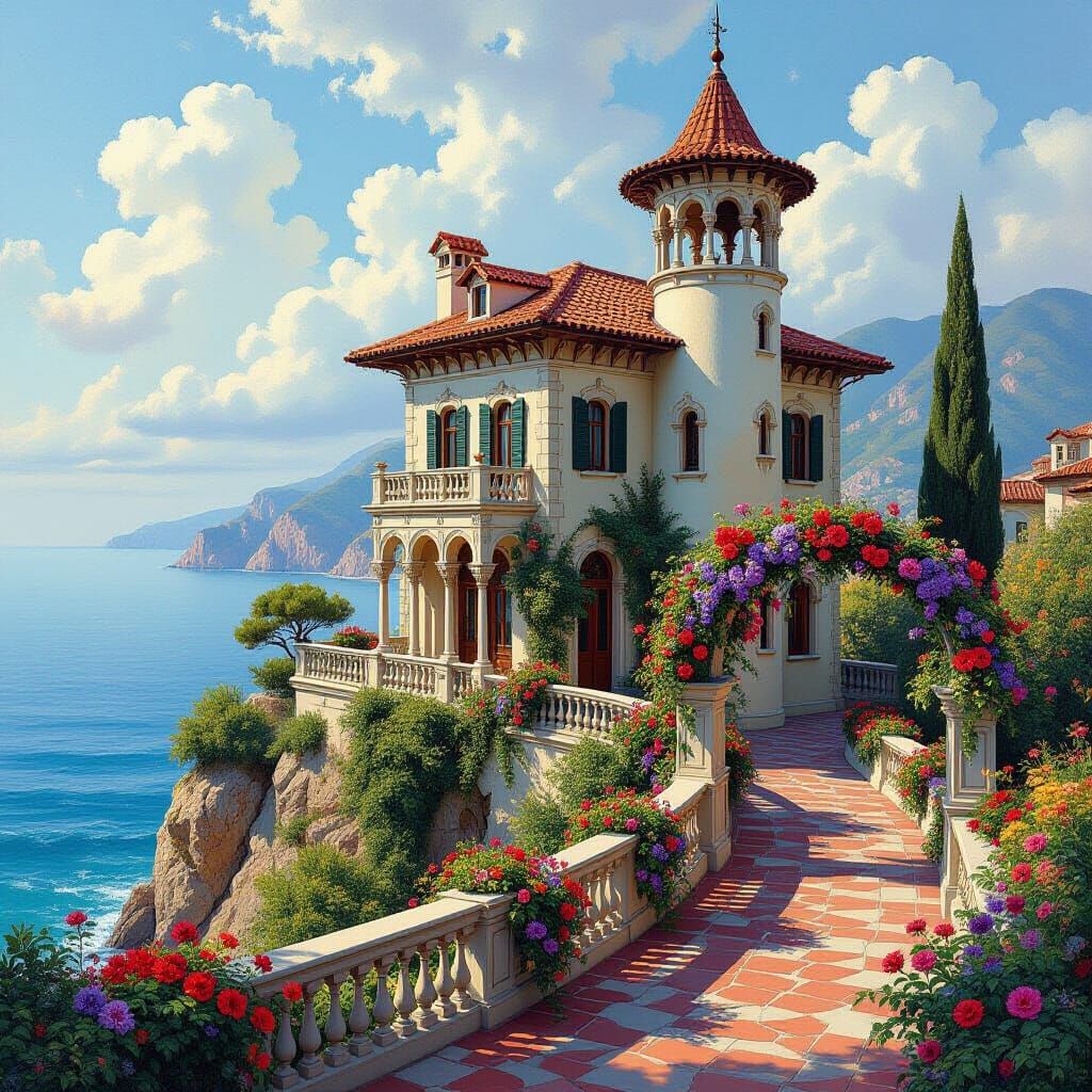 Victorian House with Tower and Lush Gardens