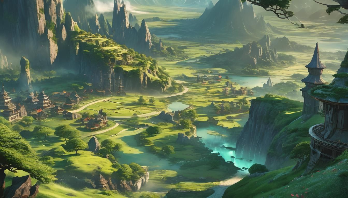 Fantasy Landscape with Asian Villages in Anime Style