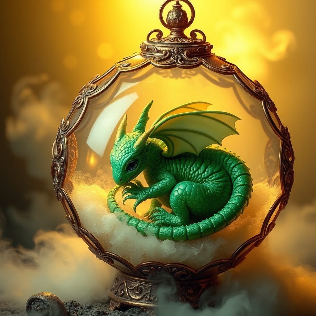 Green Baby Dragons in Orbs, Pre-Raphaelite Style