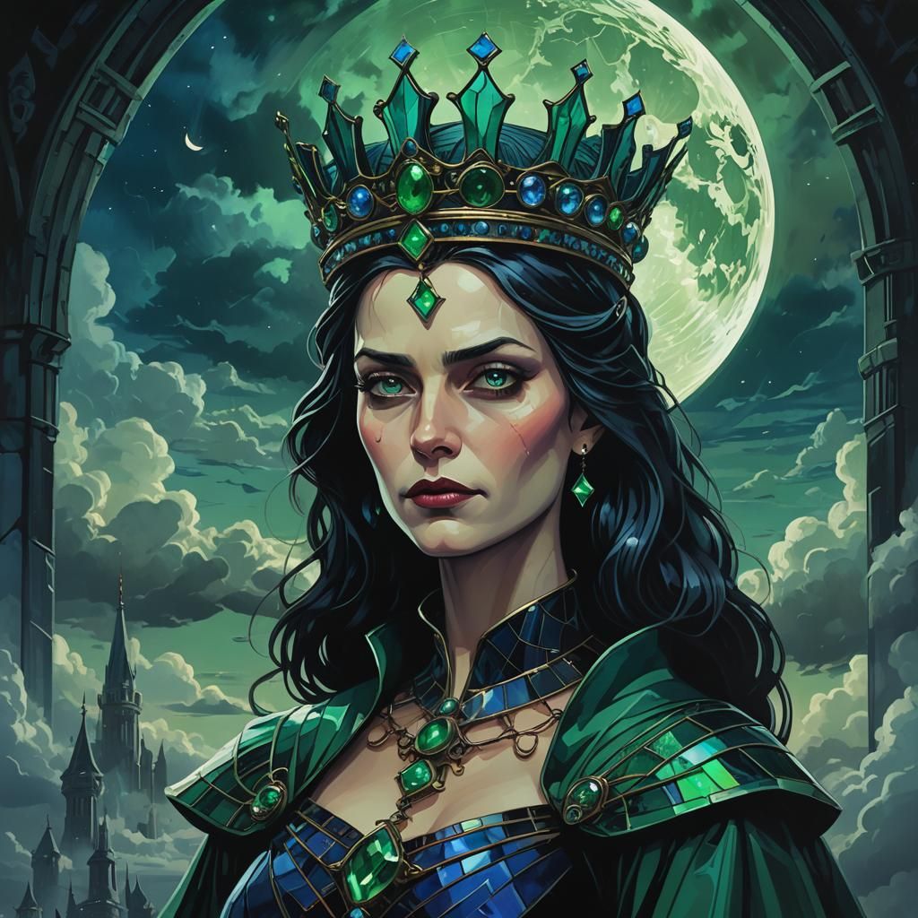 Evil Queen with Stained Glass Crown in Matte Painting Style