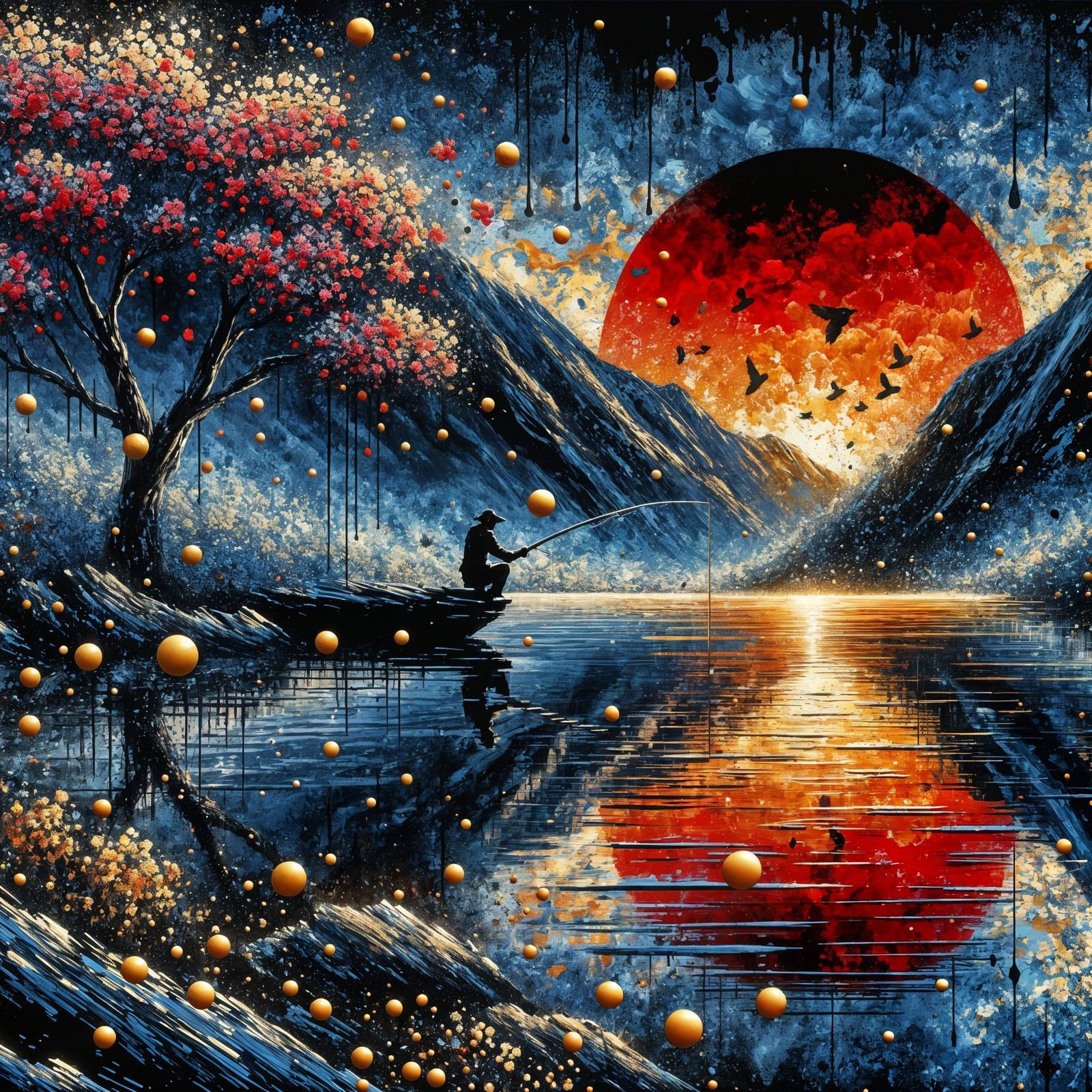 Fisherman by Reflective Lake at Sunset in Textured Painting ...