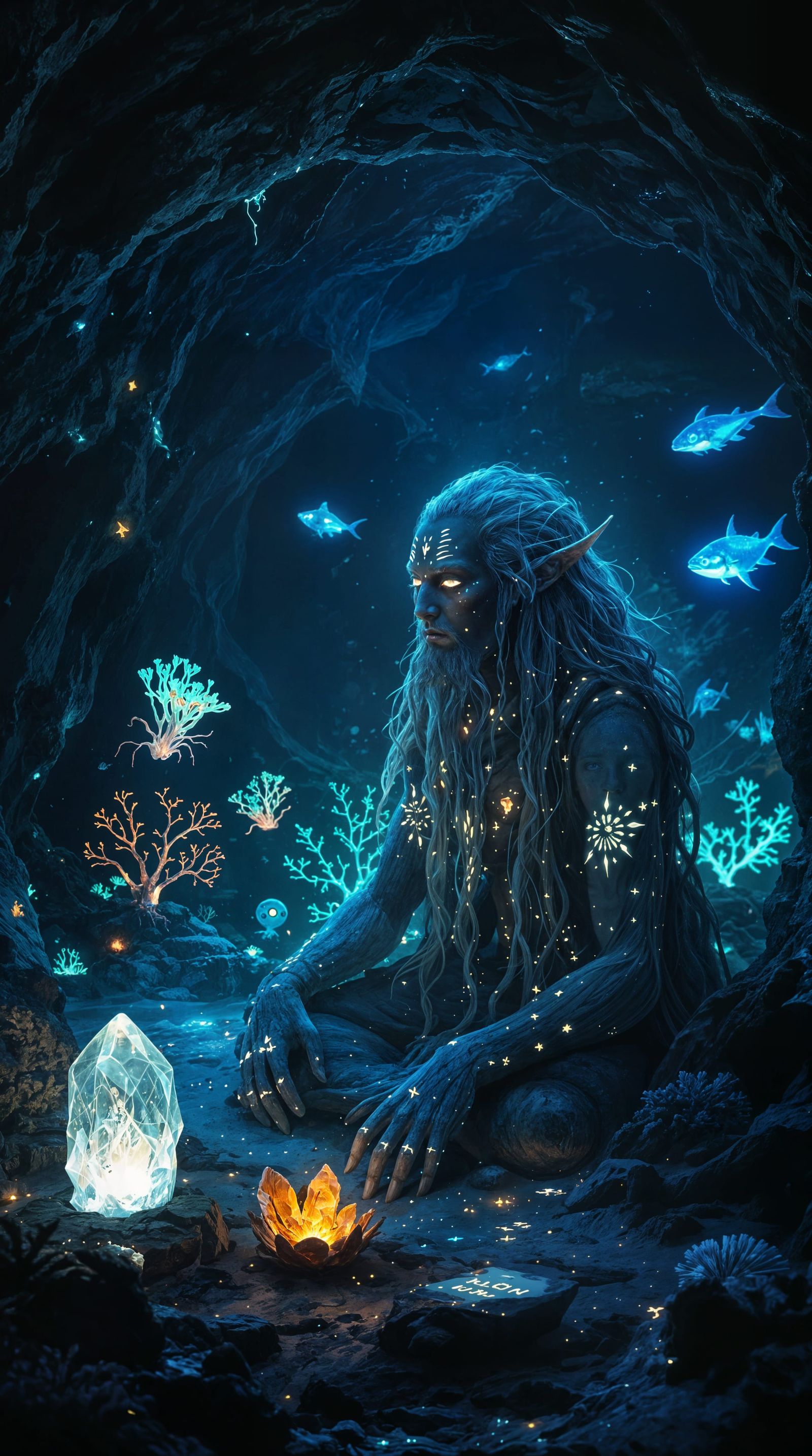 Ancient Oracle in Bioluminescent Deep-Sea Cave