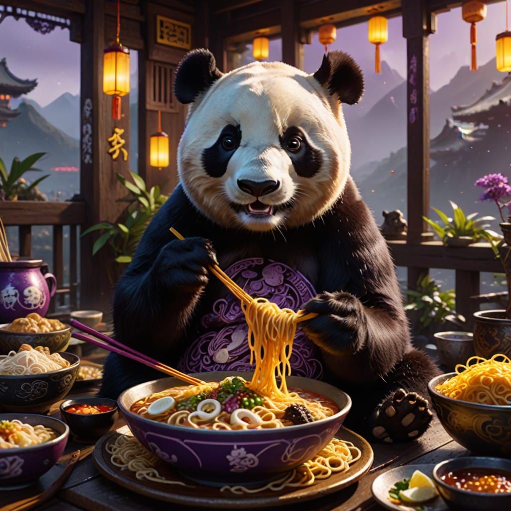 Giant Panda in Dark Fantasy Ramen Feast