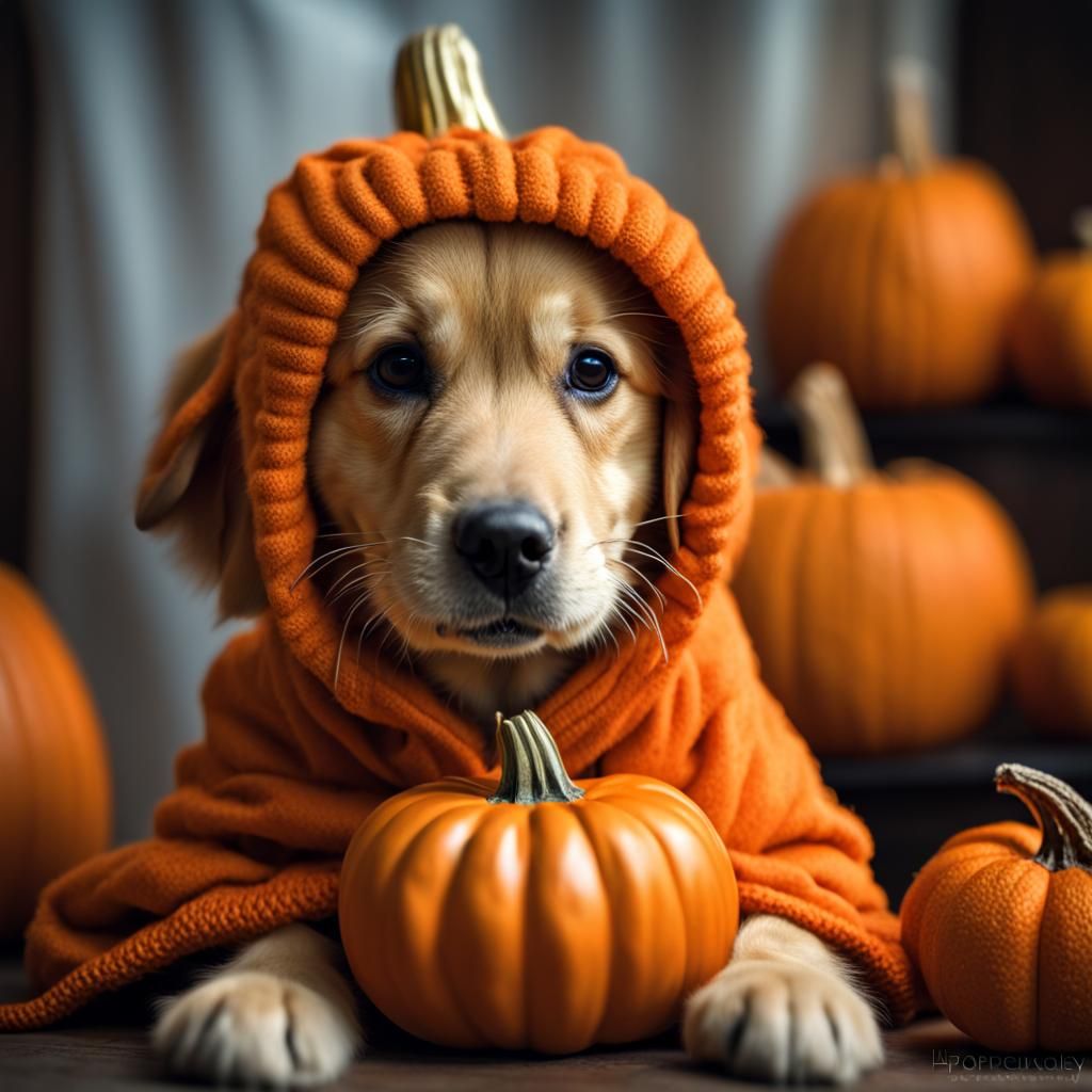 Golden Retriever Puppy in Pumpkin Costume, Hyperrealistic