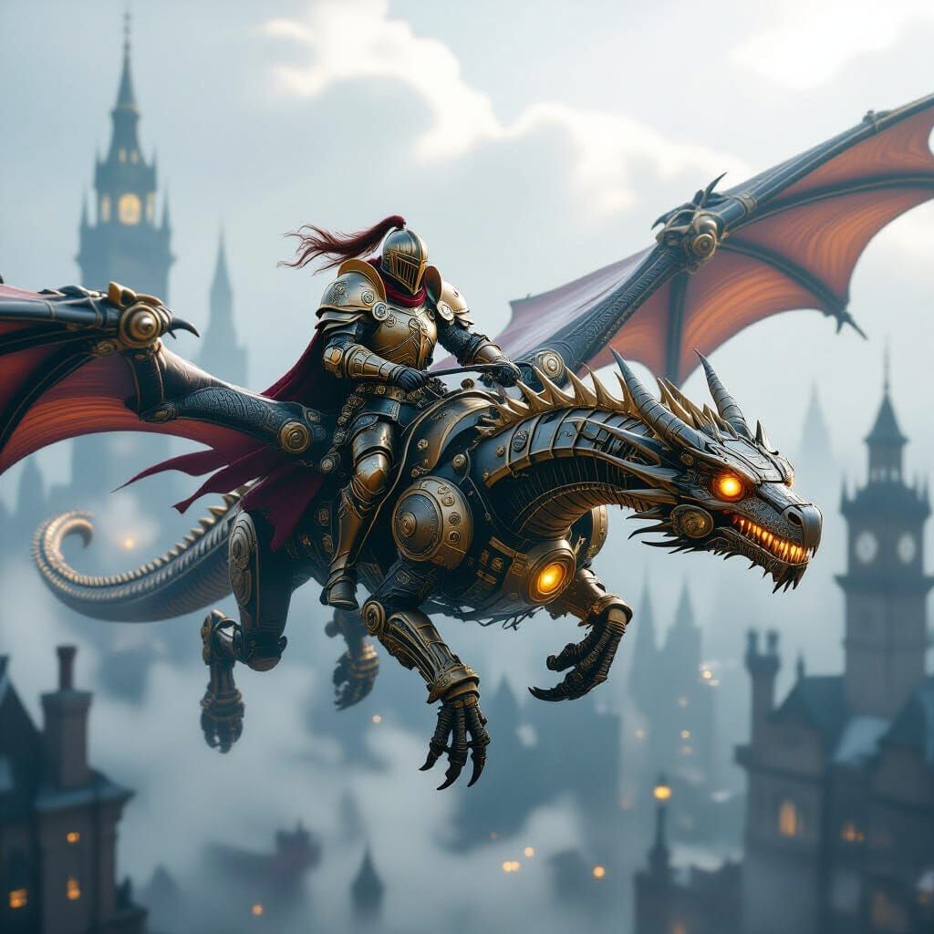 Knight on Mechanical Dragon in Steampunk City
