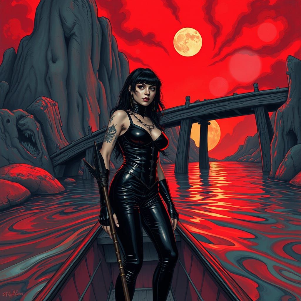 Surreal Domme in Latex, Tattooed, on a Boat in a Blood Red S...