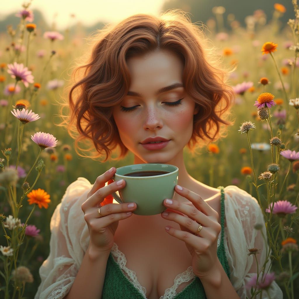 Elegant Woman Amidst Wildflowers in Dawn's Warm Glow