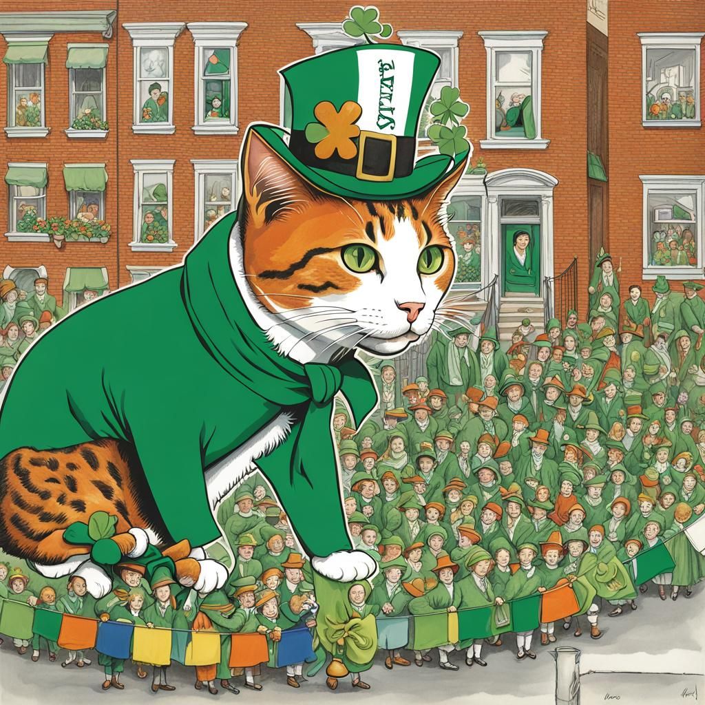 Cat Watches St. Patrick's Day Parade, Americana Art