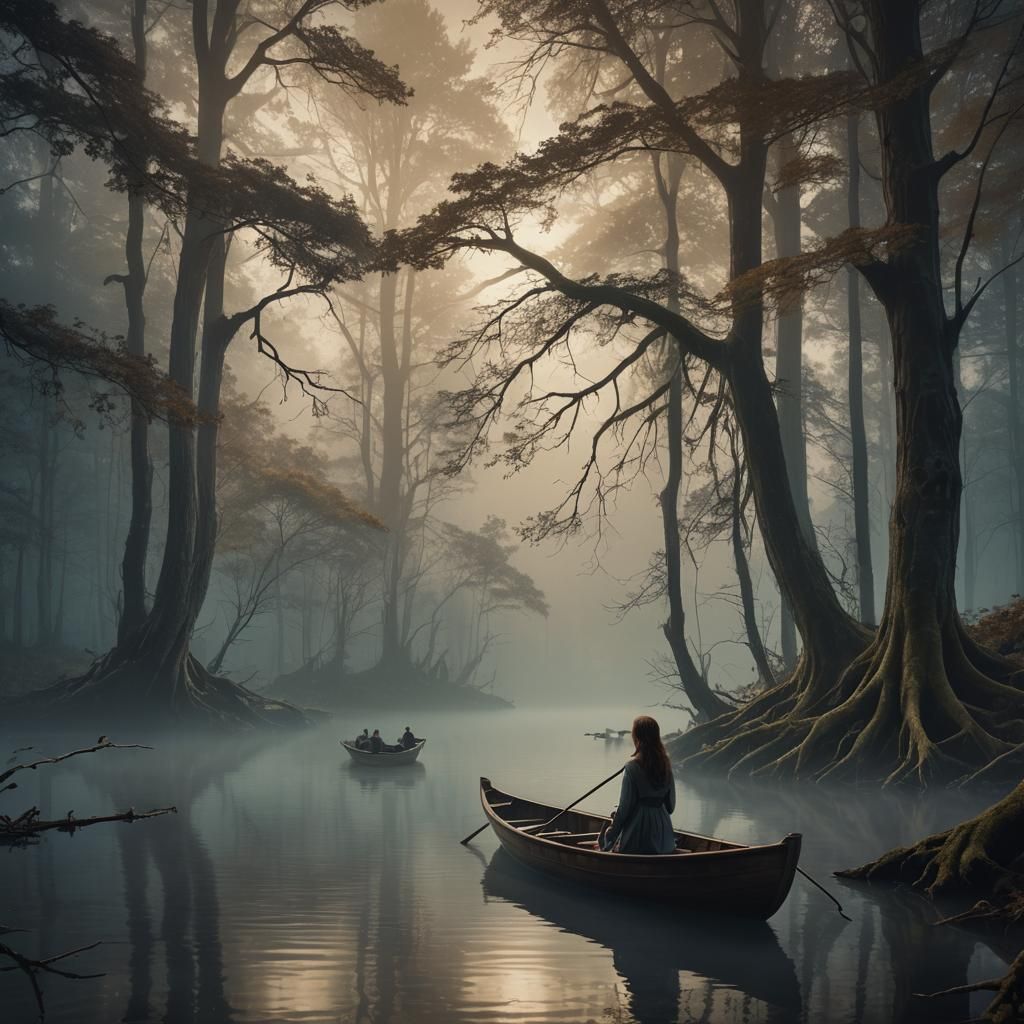 Ethereal Ghost Watching Girl in Misty Forest