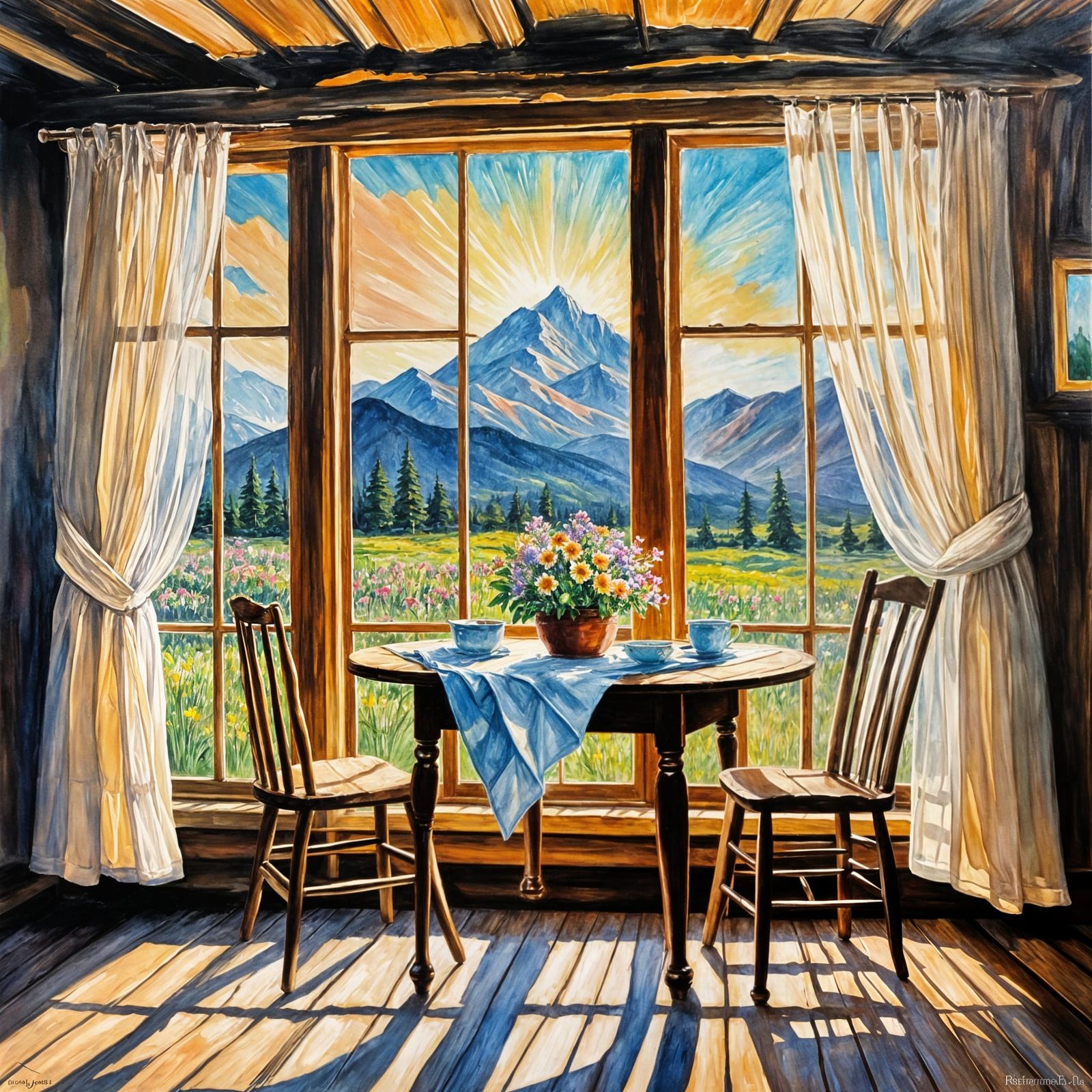 Rustic Cabin Kitchen Table with Wildflowers in Spring Mounta...