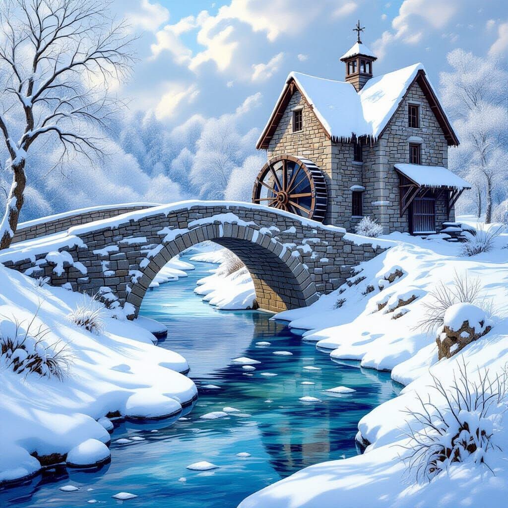 Fantasy Frozen River Bridge Painting