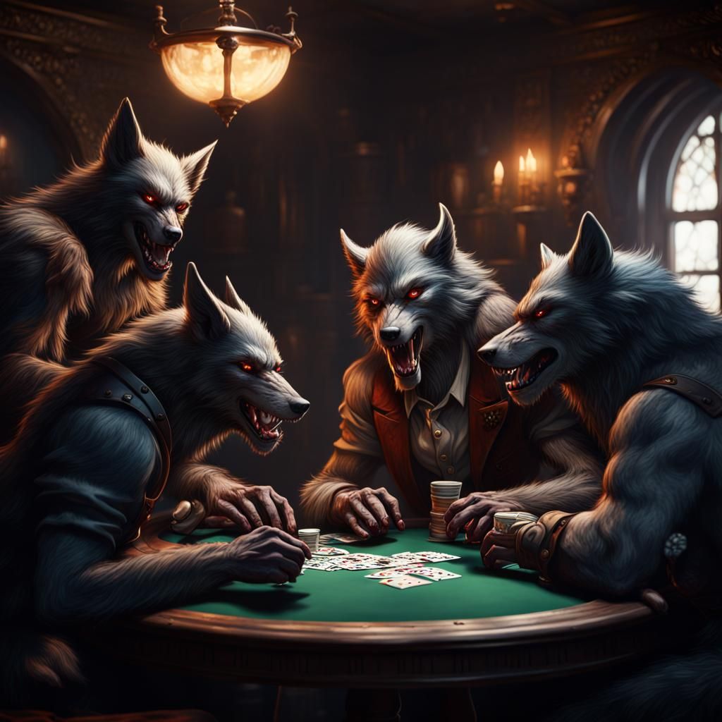 Werewolves Playing Poker in Detailed Fantasy Art