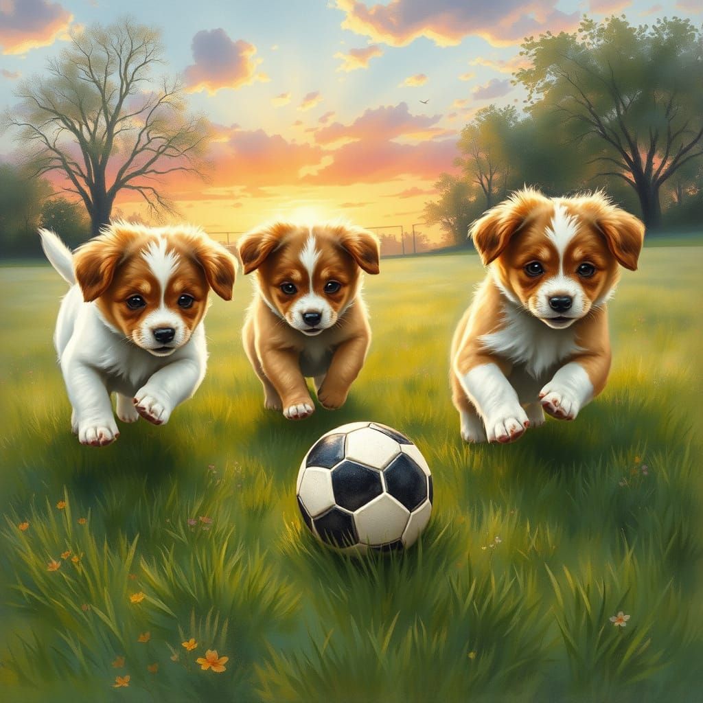 Joyful Puppies Play Soccer in a Vibrant Sunset Landscape
