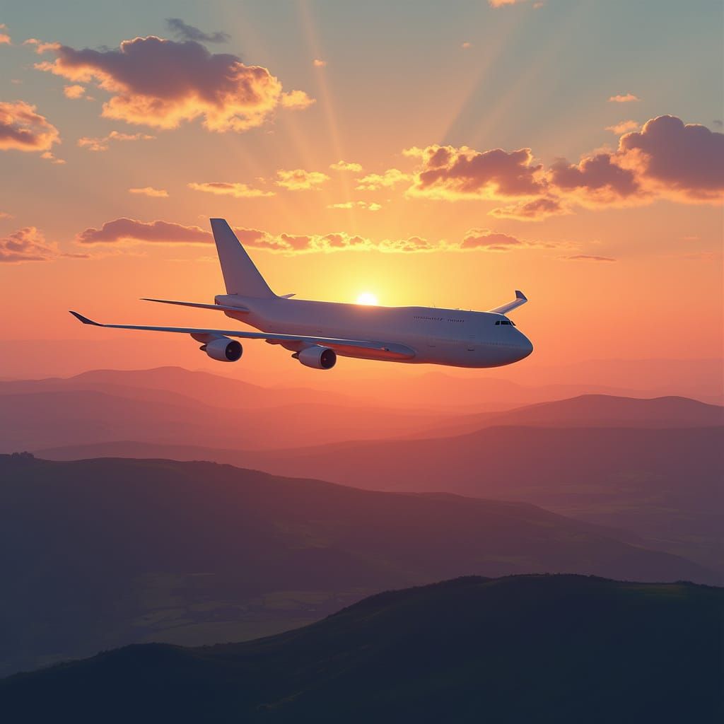 Boeing 747 Soaring Over Sunset Landscape