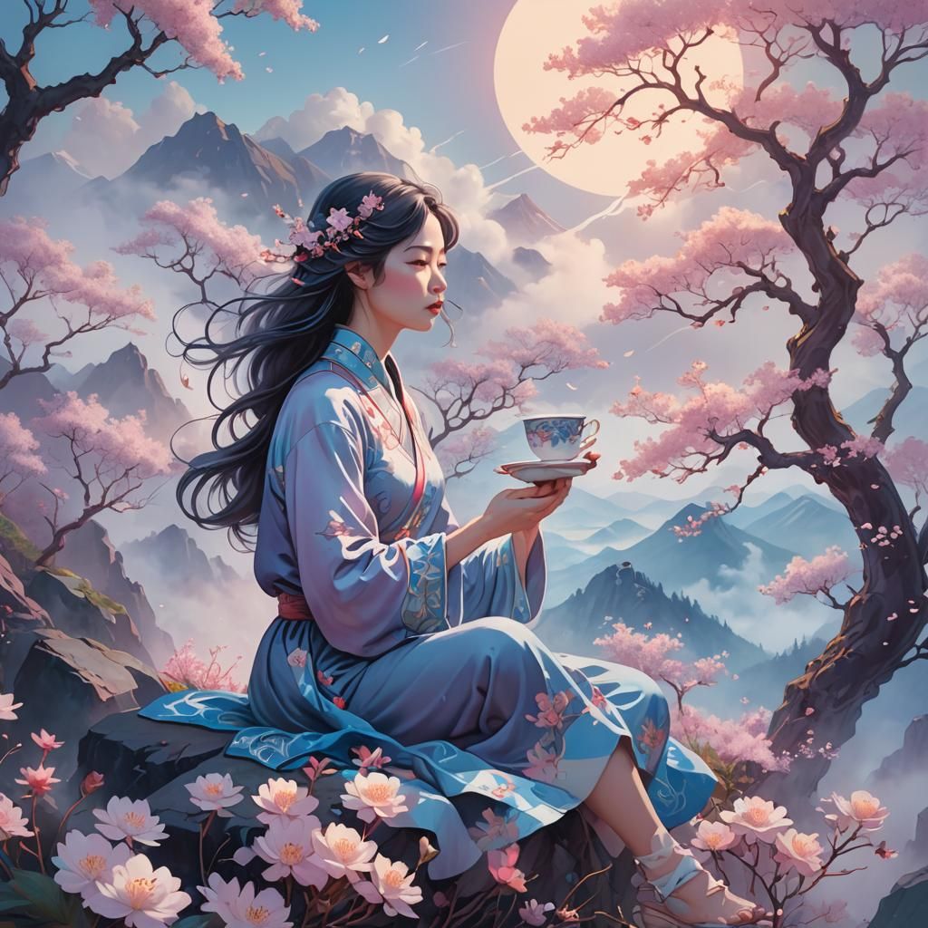 Ethereal Woman with Tea on Mountain Summit