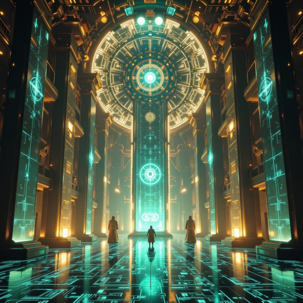 Sacred Future Tech Cathedral Over Mirror Sea