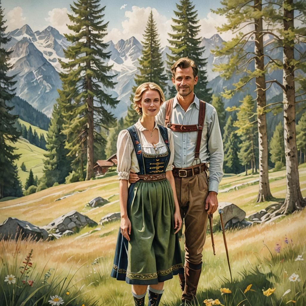 A digital painting of traditional Bavarian clothing, featuring lederhosen and dirndls.
