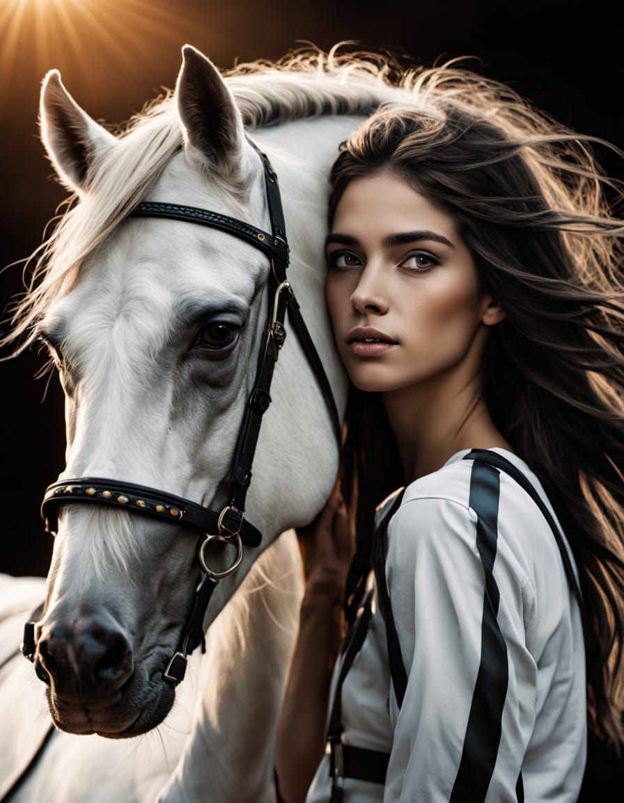 Native American Woman Portrait with Horse in Black and White