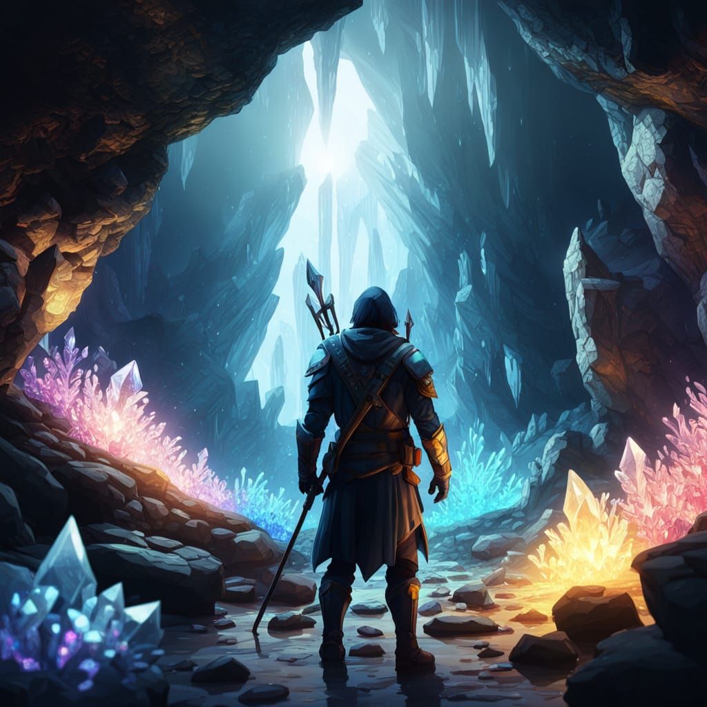 Adventurer Exploring a Crystal Cave in Digital Art