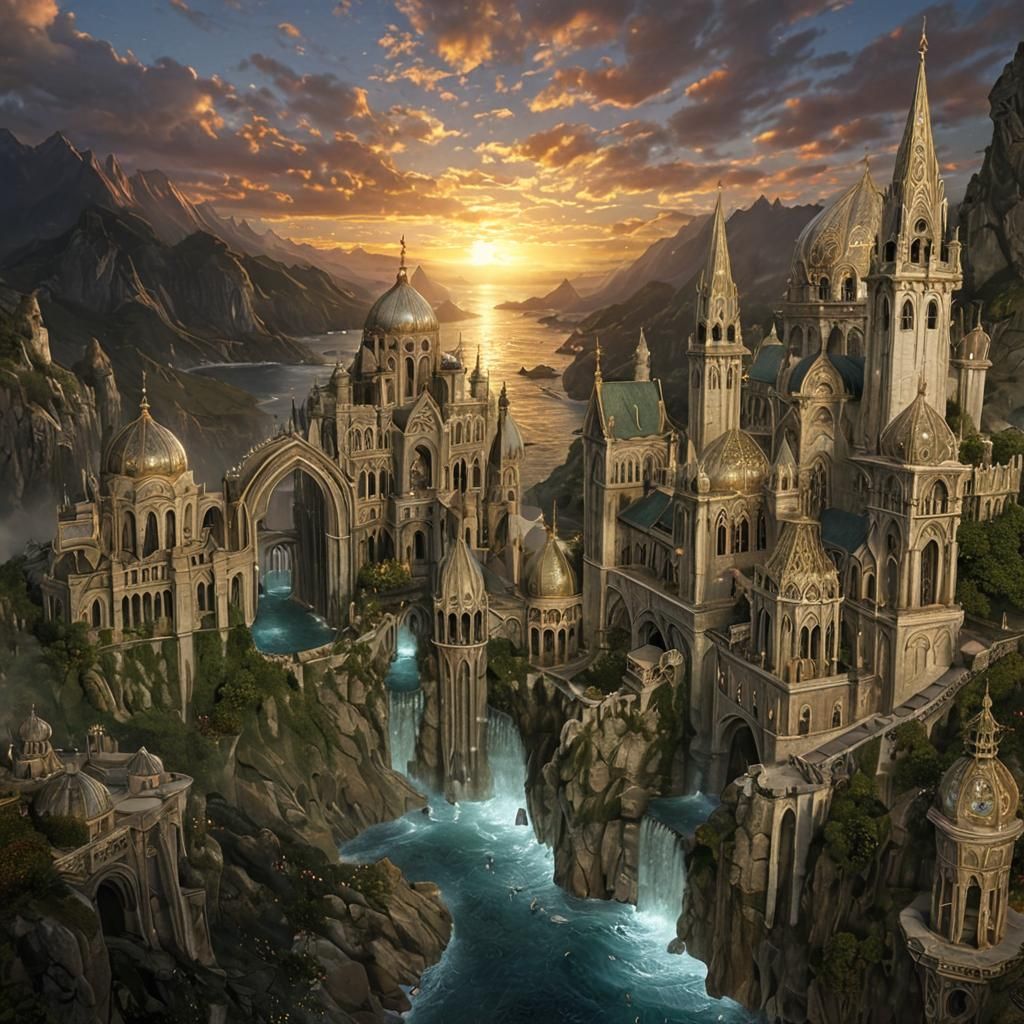 Elven City Sunrise with Waterfall Island