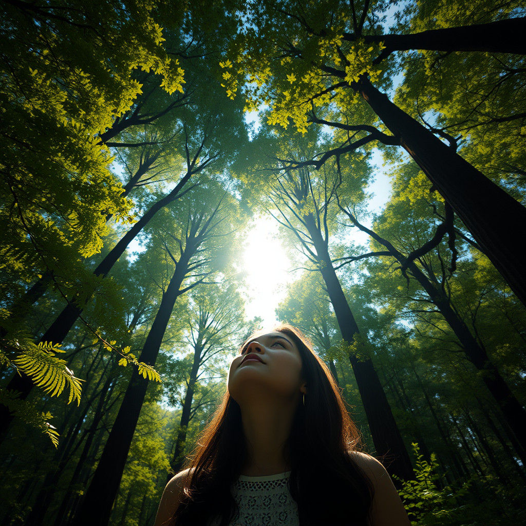Woman Gazing Upwards in Enchanted Forest