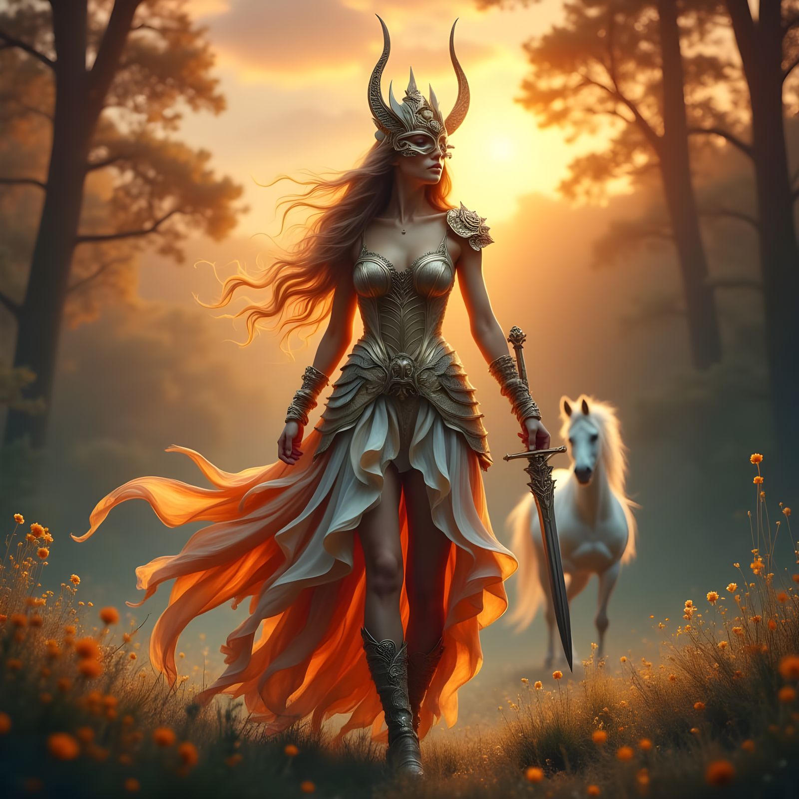 Woman in Paper Dress in Fantasy Arena at Sunset