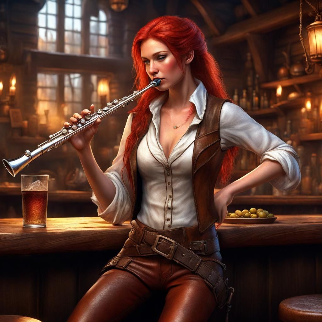 Red Haired Woman Plays Flute in Tavern