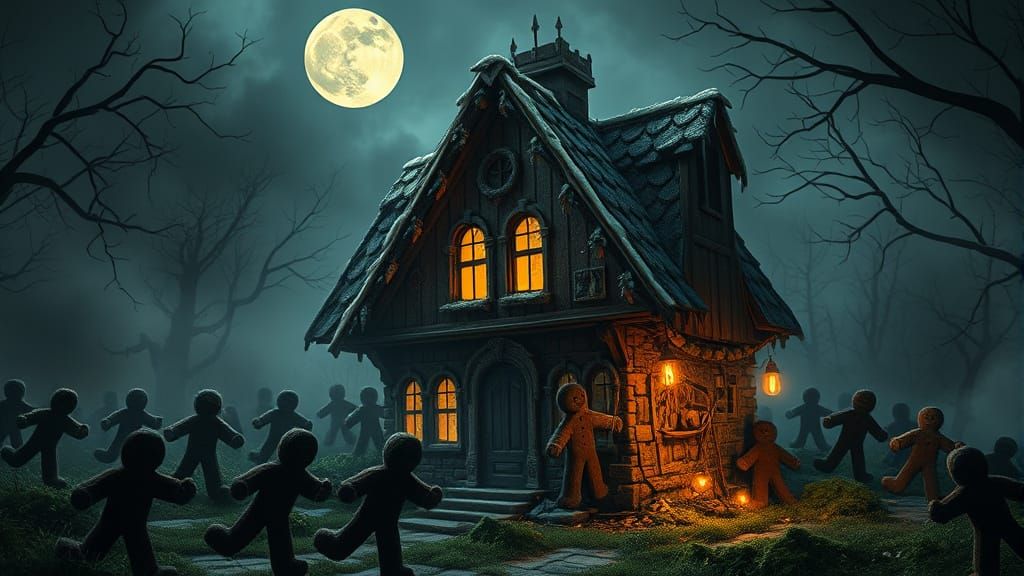 Gothic Fantasy Gingerbread House Under Full Moon