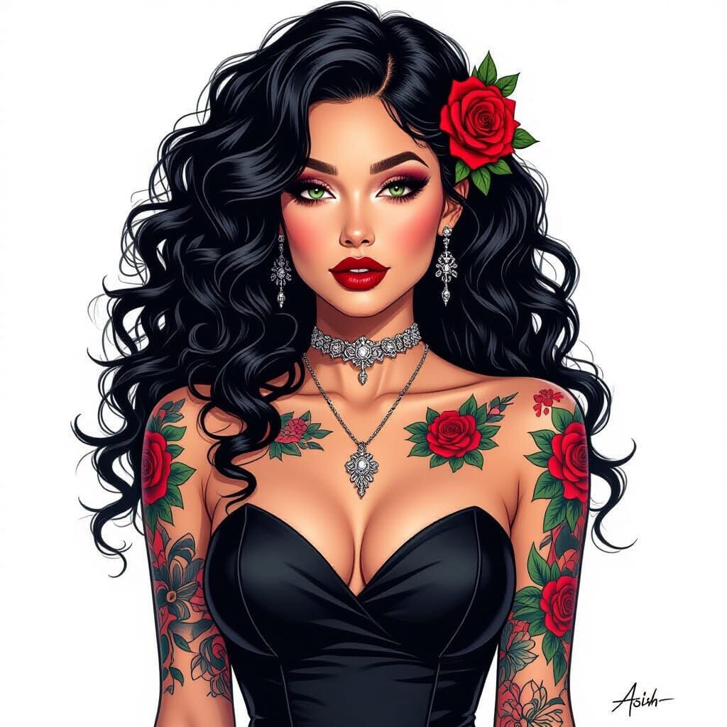 Goth Woman Portrait with Roses in Pencil Drawing Style