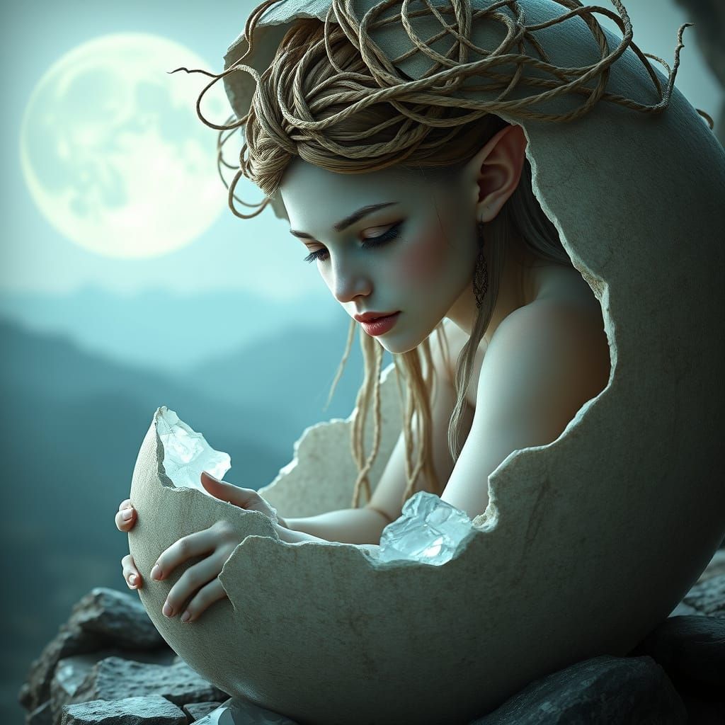 Ethereal Elf Emerges from Crystal Egg in Dreamlike Landscape