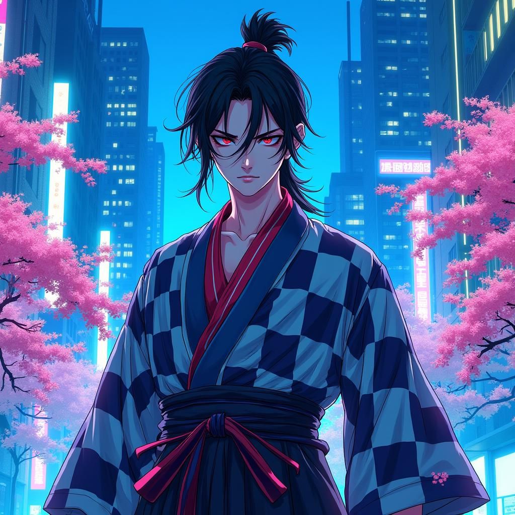 Demon Slayer in Electric Blue Cityscape